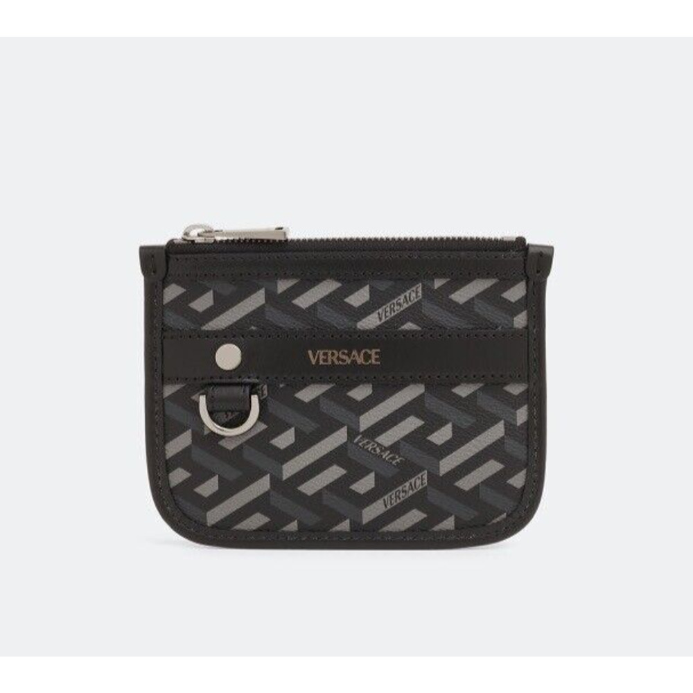 NEW Versace Mini Coin Pouch 5.5” x 4.5” La Greca Rectangular Modular Black Gray